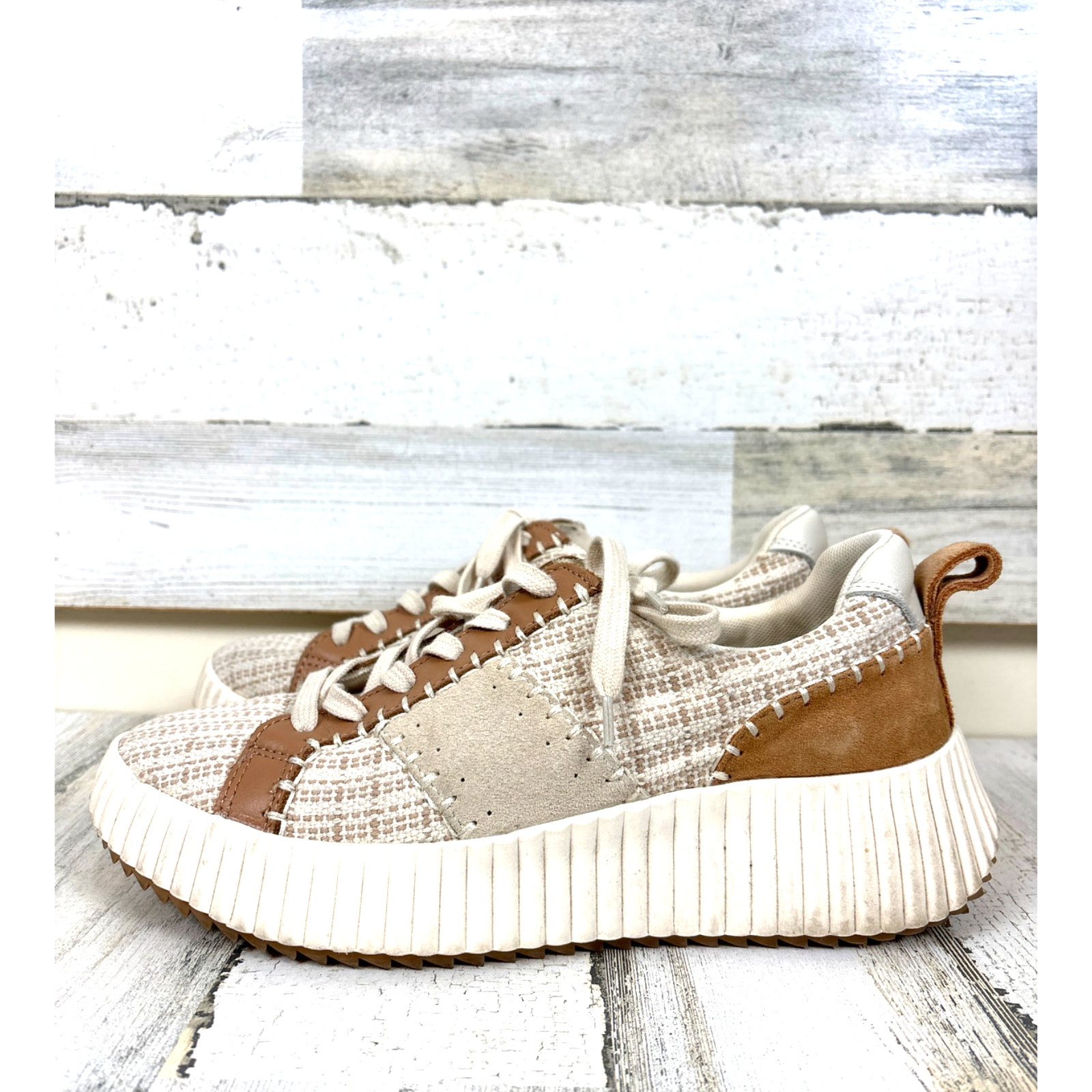 Dolce Vita Womens 9 Brown Cream Knit Leather Platform Sneakers Casual